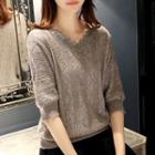 Elbow Sleeve V-neck Pointelle Knit Sweater