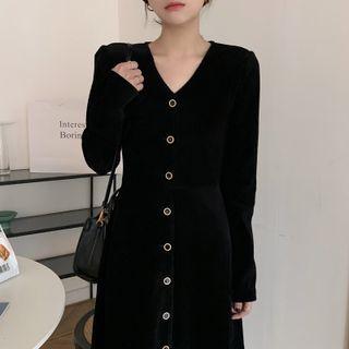Long-sleeve Velvet Button-up Dress