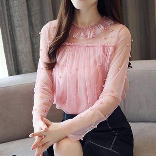 Faux Pearl Long-sleeve Top