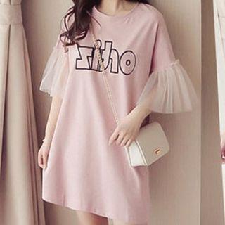 Mesh Panel Sleeve Lettering Shift Dress