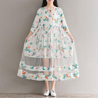 Print Elbow-sleeve A-line Mesh Panel Dress