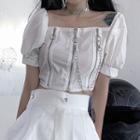 Zip-up Chain Strap Puff-sleeve Cropped Blouse