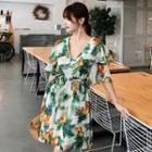 Flower Print Open Back Elbow-sleeve A-line Dress