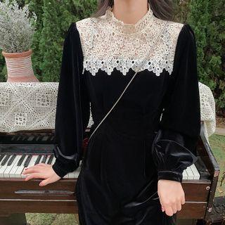 Long-sleeve Mock-neck Lace Panel Midi A-line Dress Black - One Size