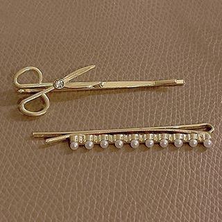 Set: Scissors Hair Pin + Faux Pearl Hair Pin 3829 - Gold - One Size