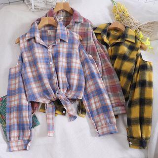 Plaid Cutout Long-sleeve Tie-waist Cropped Shirt