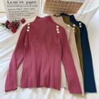 Long-sleeve Button-accent Mock-neck Knit Top