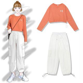 Printed Drawstring Long-sleeve T-shirt / Cropped Harem Pants