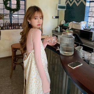 Long-sleeve Plain Cropped Top / Floral Print Sleeveless Dress
