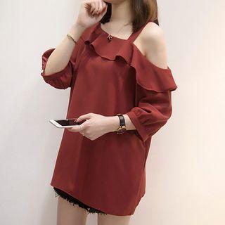 3/4-sleeve Cold Shoulder Ruffled Top