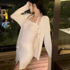 Set: Halter Slit Knit Mini Sheath Dress + Cardigan