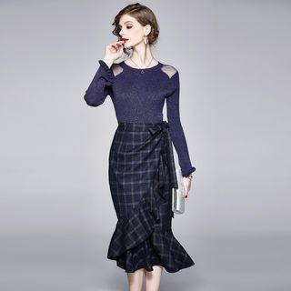 Set: Glitter Mesh Panel Knit Top + Plaid Ruffle Hem Straight-fit Midi Skirt