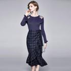 Set: Glitter Mesh Panel Knit Top + Plaid Ruffle Hem Straight-fit Midi Skirt