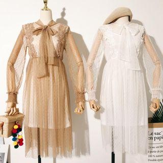 Long-sleeve Lace-trim Mesh Midi A-line Dress