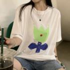 Elbow-sleeve Print T-shirt T-shirt - Flowre - Green & Blue & White - One Size