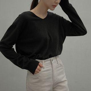 Plain V-neck Wool Blend Knit Top