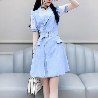 Short-sleeve Plaid Double-breasted Mini A-line Dress