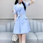 Short-sleeve Plaid Double-breasted Mini A-line Dress