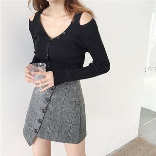 Cold Shoulder Long-sleeve Knit Top / Buttoned Check Asymmetric Mini Skirt