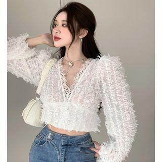 Puff-sleeve V-neck Fringed Cropped Blouse