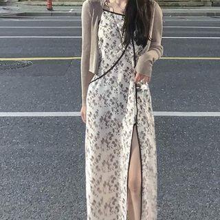 Cardigan / Spaghetti Strap Floral Midi Dress / Set