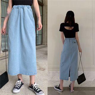 A-line Midi Denim Skirt As Shown In Figure - One Size