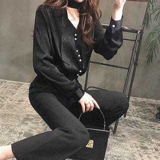 V-neck Faux-pearl Blouse With Scarf