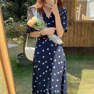 Short-sleeve Dotted A-line Midi Dress Navy Blue - One Size