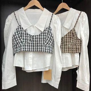 Plain Shirt / Plaid Cropped Camisole / Applique Denim Pencil Skirt / Set
