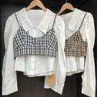 Plain Shirt / Plaid Cropped Camisole / Applique Denim Pencil Skirt / Set