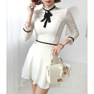 Brooch-accent Full-lace Top & Miniskirt Set