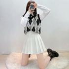 Tie Neck Shirt / Pleated Skirt / Sweater Vest / Set