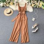 Square-neck Suspender Lace-up Strap Wide-leg Jumpsuit