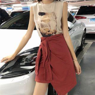 Printed Sleeveless Top / Tie-waist A-line Skirt