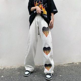 Mid-rise Heart Print Wide-leg Jeans