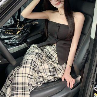 Strapless Button-up Top / Plaid Loose Fit Pants