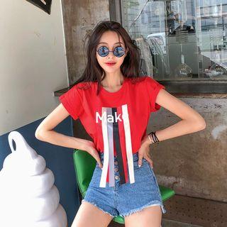 Cap-sleeve Lettering Fringed T-shirt