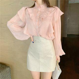 Lantern-sleeve Ruffle Trim Blouse Pink - One Size