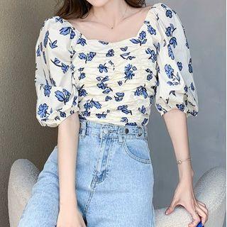 Puff Sleeve Square Neck Floral Print Ruched Cropped Top