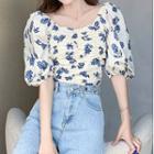 Puff Sleeve Square Neck Floral Print Ruched Cropped Top
