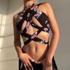 Halter-neck Floral Tie-strap Crop Top