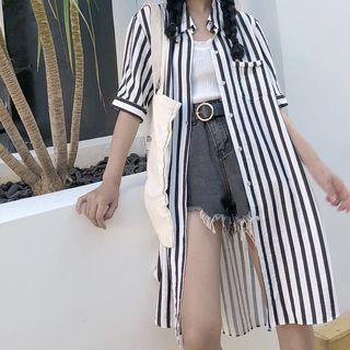 Elbow-sleeve Stripe Long Shirt