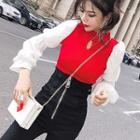 Color-block Cut Out Knit Panel Puff-sleeve Top