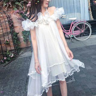 Short-sleeve Cold Shoulder Chiffon Dress Off-white - One Size