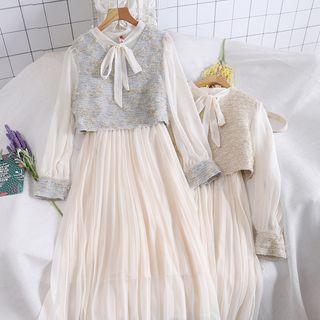 Set Of 2: Long-sleeve Chiffon Dress + Cropped Vest