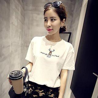 Deer Embroidered Short Sleeve T-shirt