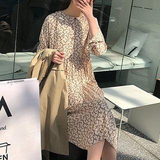 Bell-sleeve Floral Midi Pleated Dress Almond - One Size