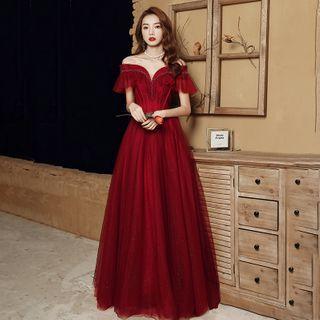 Short-sleeve Mesh Panel Off-shoulder Evening Gown