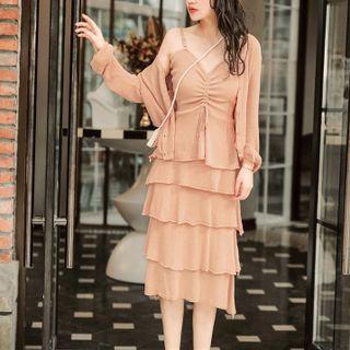 Set: Spaghetti Strap Drawstring Tiered Midi A-line Dress + Cardigan
