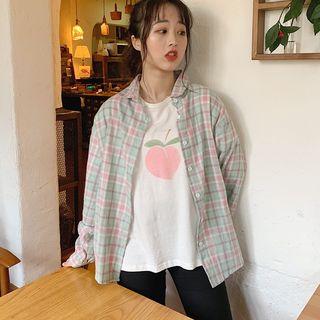Short-sleeve Peach Print T-shirt / Plaid Shirt